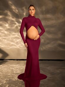 Cheriluna Maternity 孕妇纯色立领露背优雅孕妇连衣裙，长袖 - 酒紅色 - 查看 7