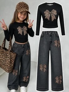 Tween Girl) Streetwear Y2k 80s Set, Autumn Outfits, Tops, Bow Print Pattern Knit Brown Long Sleeve T-Shirt And Cargo Pants School Student - Black - View 2