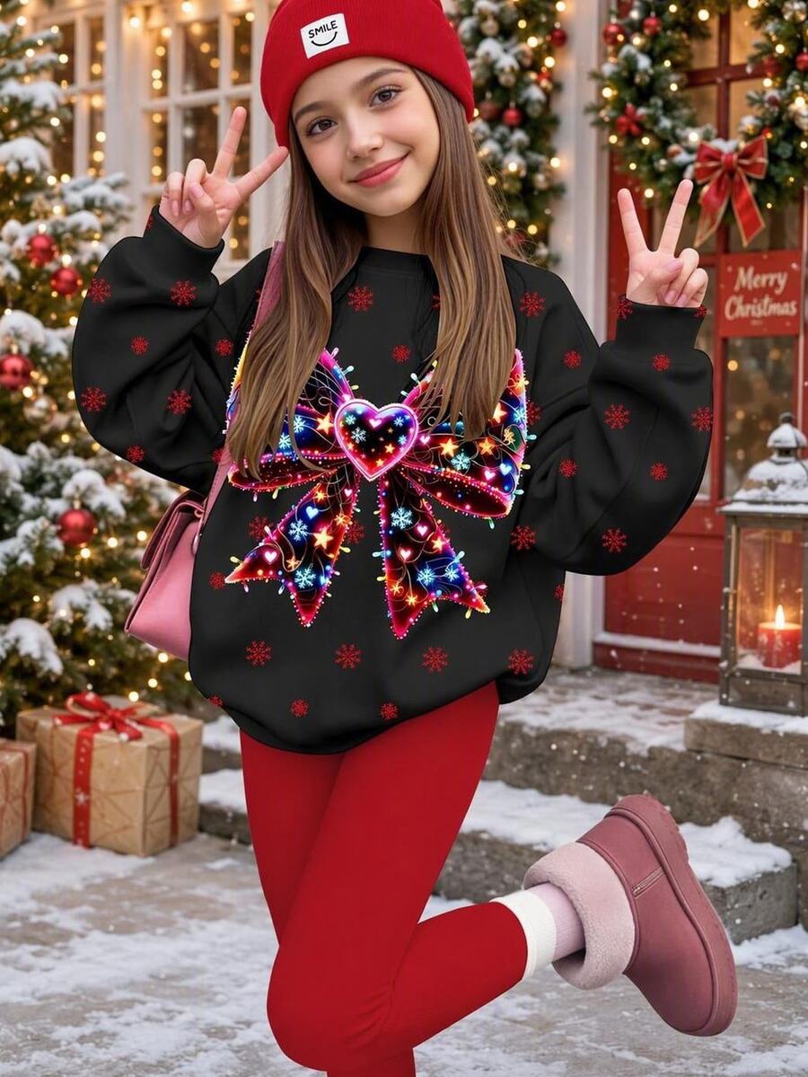 Tween Girls Casual Cute Colorful Lights Bow, Polka Dot Snowflake, Round Neck Sweatshirt Elastic Waist Long Pants Set Suitable For Autumn/Winter Thermal Lined, Fall Style, Fall Outfits, Fall Sets, Christmas Sets - Multicolor - View 1