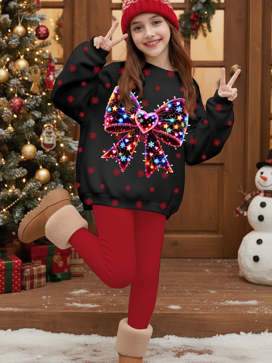 青少年女孩休閒可愛彩色燈飾蝴蝶結波點雪花圓領衛衣彈性腰長褲套裝,適合秋冬保暖內裡,秋季風格,秋季穿搭,秋季套裝,聖誕套裝 - 彩色 - 查看 1