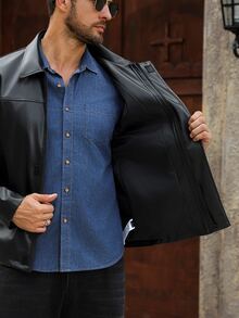Manfinity Homme 男士成熟休閒純黑色夾克外套，節日送禮首選 - 黑色 - 查看 4