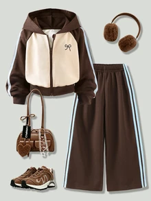 SHEIN Elladie kids 2件組女童配色插肩連帽拉鍊外套與寬腿運動長褲 米色棕色蝴蝶結圖案 秋季服飾 返校季 7歲生日 - 卡其色 - 查看 7