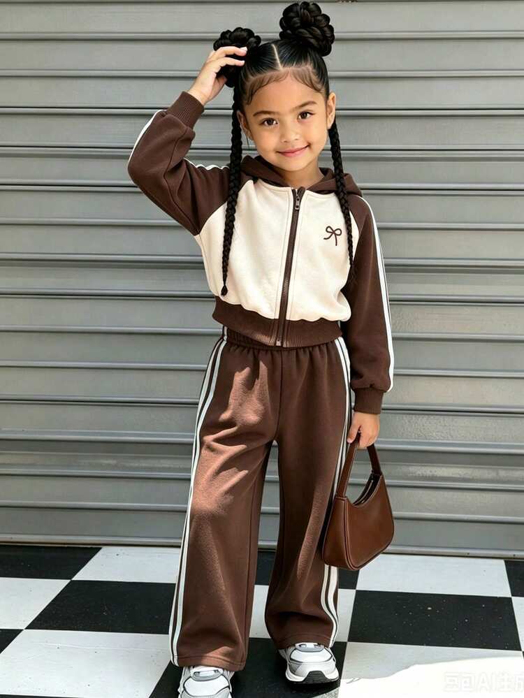 SHEIN Elladie kids 2pcs/Set Girls Colorblock Raglan Hooded Zip-Up Jacket And Wide Leg Sweatpants Beige Brown Bow Graphic Fall Clothes Back To School Clothes Girls - Khaki - View 4