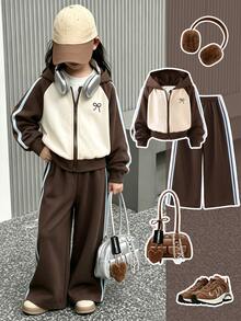 SHEIN Elladie kids 2件組女童配色插肩連帽拉鍊外套與寬腿運動長褲 米色棕色蝴蝶結圖案 秋季服飾 返校季 7歲生日 - 卡其色 - 查看 6