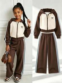 SHEIN Elladie kids 2件組女童配色插肩連帽拉鍊外套與寬腿運動長褲 米色棕色蝴蝶結圖案 秋季服飾 返校季 7歲生日 - 卡其色 - 查看 4