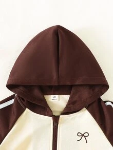 SHEIN Elladie kids 2件組女童配色插肩連帽拉鍊外套與寬腿運動長褲 米色棕色蝴蝶結圖案 秋季服飾 返校季 7歲生日 - 卡其色 - 查看 10