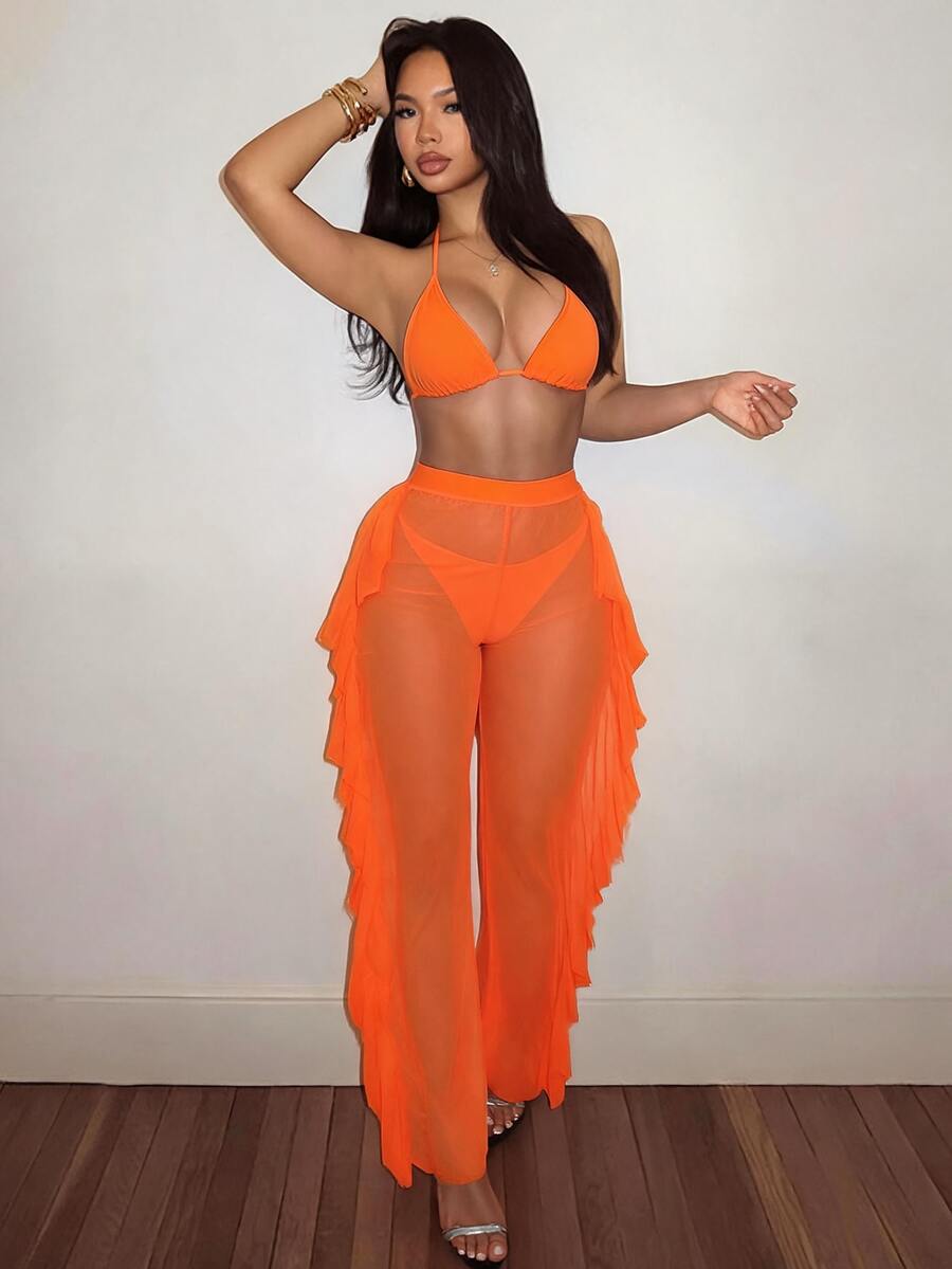 Slaydiva 2026休闲沙滩度假性感比基尼+独特荷叶边透视弹力裤三件套，性感三件套，优雅三件套，沙滩度假三件套夏季泳装
