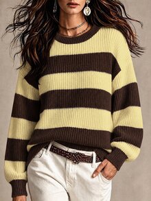 SHEIN Sweater Pullover Wanita Motif Garis Kerah Bulat Lengan Panjang Kasual Gaya Preppy untuk Sekolah dan Sehari-hari Warna Cokelat dan Kuning Musim Gugur - MultiWarna - View 2