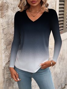 Omancia V-Neck Gradient Design Casual T-Shirt, Spring/Autumn Graphic Tees Women Tops - Multicolor - View 3