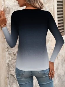 Omancia V-Neck Gradient Design Casual T-Shirt, Spring/Autumn Graphic Tees Women Tops - Multicolor - View 2