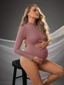 Cheriluna Maternity Maternity Solid Color Stand Collar Long Sleeve Romper - Coral Pink - View 3