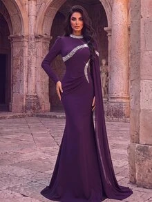 Aureia Elegant Romantic Dark Red Stretch Chiffon Rhinestone High Neck Long Sleeve Cape Draped Ruched Mermaid Train Fall Gala Dinner Prom Wedding Guest Gown - Red Violet - View 3