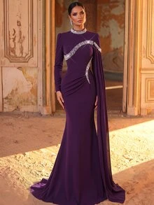 Aureia Elegant Romantic Dark Red Stretch Chiffon Rhinestone High Neck Long Sleeve Cape Draped Ruched Mermaid Train Fall Gala Dinner Prom Wedding Guest Gown - Red Violet - View 6