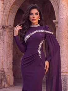 Aureia Elegant Romantic Dark Red Stretch Chiffon Rhinestone High Neck Long Sleeve Cape Draped Ruched Mermaid Train Fall Gala Dinner Prom Wedding Guest Gown - Red Violet - View 2