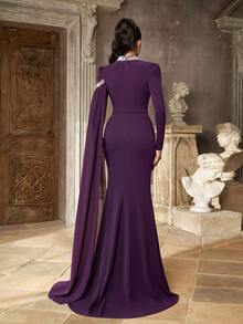 Aureia Elegant Romantic Dark Red Stretch Chiffon Rhinestone High Neck Long Sleeve Cape Draped Ruched Mermaid Train Fall Gala Dinner Prom Wedding Guest Gown - Red Violet - View 8