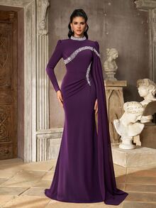 Aureia Elegant Romantic Dark Red Stretch Chiffon Rhinestone High Neck Long Sleeve Cape Draped Ruched Mermaid Train Fall Gala Dinner Prom Wedding Guest Gown - Red Violet - View 7