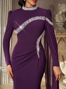 Aureia Elegant Romantic Dark Red Stretch Chiffon Rhinestone High Neck Long Sleeve Cape Draped Ruched Mermaid Train Fall Gala Dinner Prom Wedding Guest Gown - Red Violet - View 9