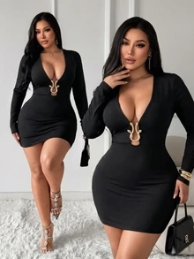SHEIN SXY Black High Elasticity Knit V-Neck Long Sleeve Slim Fit Mini Dress Fall - Black - View 7