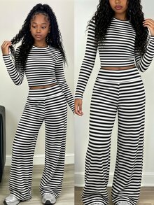 SHEIN Elladie kids Tween女孩秋冬休閒K-Pop風格日常度假拍照圓領長袖短版上衣與翻折寬腰鬆身長褲針織套裝 - 黑色 - 查看 2