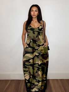 Slaydiva Casual Minimalist Loose Strap Pocket Camo Print Dress For Women, Army Green - Multicolor - View 2