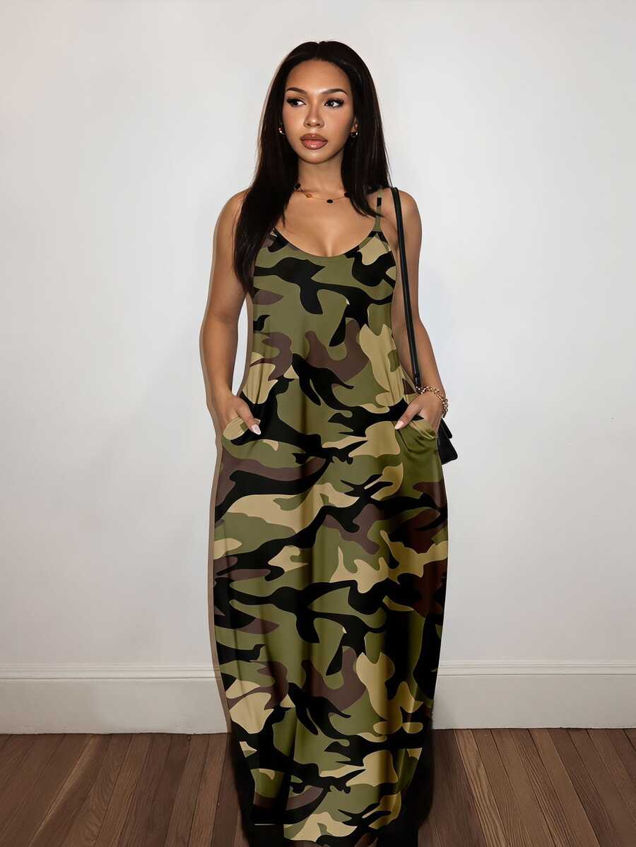 Slaydiva Casual Minimalist Loose Strap Pocket Camo Print Dress For Women, Army Green