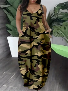 Slaydiva Casual Minimalist Loose Strap Pocket Camo Print Dress For Women, Army Green - Multicolor - View 5