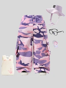 Baby Girls Y2K Street Camo Distressed Denim Jeans, Elastic Waistband Autumn Fall - Pink - View 3