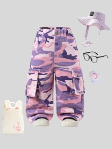 Baby Girls Y2K Street Camo Distressed Denim Jeans, Elastic Waistband Autumn Fall - Pink - View 2