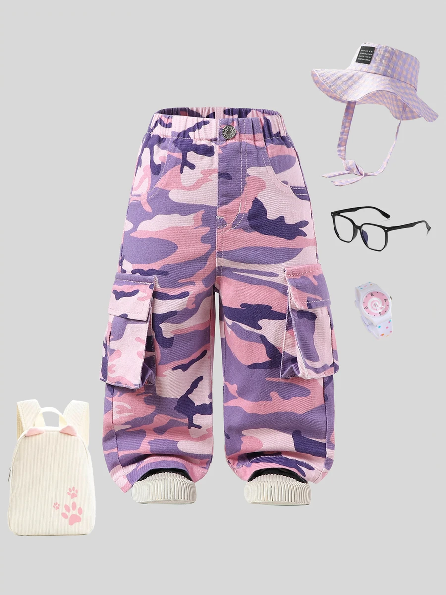Baby Girls Y2K Street Camo Distressed Denim Jeans, Elastic Waistband Autumn Fall