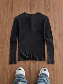 ESTAVOR Men's Button Half-Placket Long Sleeve Casual T-Shirt - Black - View 4