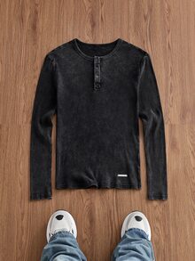 ESTAVOR Men's Button Half-Placket Long Sleeve Casual T-Shirt - Black - View 3