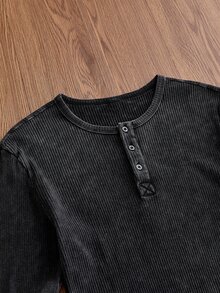 ESTAVOR Men's Button Half-Placket Long Sleeve Casual T-Shirt - Black - View 5