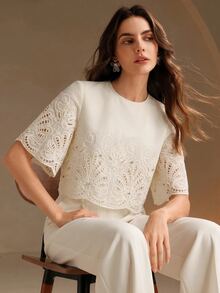 Anewsta Women's Fall Elegant Romantic Wedding Date High Tea Style Banquet Sheer Heavy Embroidery Hollow Out Round Neck Short Sleeve Cover Up White Summer - White - View 1