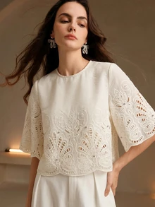 Anewsta Women's Fall Elegant Romantic Wedding Date High Tea Style Banquet Sheer Heavy Embroidery Hollow Out Round Neck Short Sleeve Cover Up White Summer - White - View 6