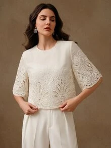 Anewsta Women's Fall Elegant Romantic Wedding Date High Tea Style Banquet Sheer Heavy Embroidery Hollow Out Round Neck Short Sleeve Cover Up White Summer - White - View 4