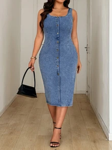GlowEve CURVE Plus Size Fashion Slim Fit Stretch Denim Dress - Medium Wash - View 7