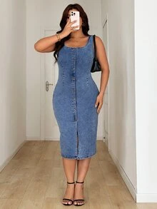 GlowEve CURVE Plus Size Fashion Slim Fit Stretch Denim Dress - Medium Wash - View 8