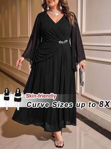 SHEIN CURVE+ 女款大尺碼 22W 優雅水鑽裝飾洋裝，黑色正式賓客禮服，適合秋冬婚禮 - 黑色 - 查看 1