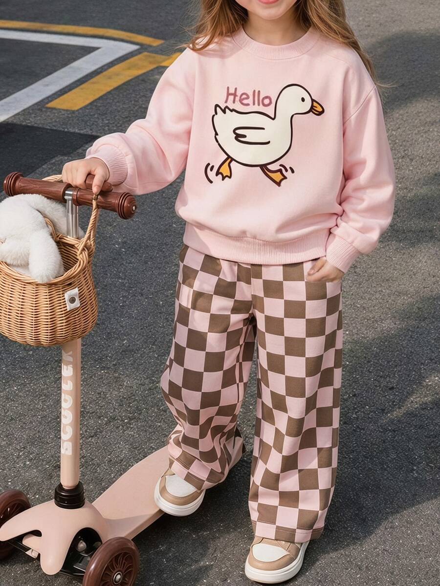 Kids Young Girl Solid Color Crew Neck Long Sleeve Sweatshirt And Casual Pants Set, Style Suitable For Autumn/Winter Daily Wear, Sports, Christmas - Multicolor - View 1