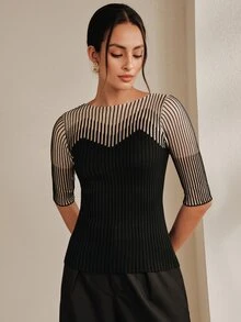 Anewsta 法式風春夏季優雅知性性感鏤空網紗修身針織上衣T恤 - 黑色 - 查看 4