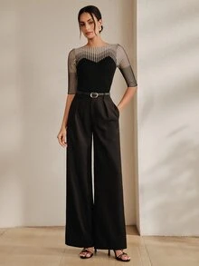 Anewsta 法式風春夏季優雅知性性感鏤空網紗修身針織上衣T恤 - 黑色 - 查看 7