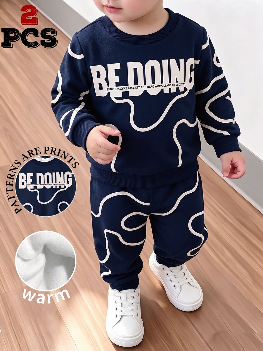 Young Boys Abstract Line Letter Graphic Crewneck Sweatshirt And Sweatpants 2 Pieces Outfit Set White Winter - Multicolor - View 1