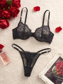 Charlaine Eyelash Lace Underwire Bra & Panty Sexy Lingerie Set - Black - View 3