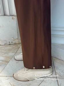 Fluxe Women Dark Brown Woven Wide Leg Pants Ribbed Waistband Button Cuff High Waist Loose Fit Gym Workout Training Running Athletic Sportswear - Coffee Brown - View 4