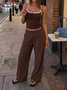 Fluxe Women Dark Brown Woven Wide Leg Pants Ribbed Waistband Button Cuff High Waist Loose Fit Gym Workout Training Running Athletic Sportswear - Coffee Brown - View 2