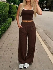 Fluxe Women Dark Brown Woven Wide Leg Pants Ribbed Waistband Button Cuff High Waist Loose Fit Gym Workout Training Running Athletic Sportswear - Coffee Brown - View 1
