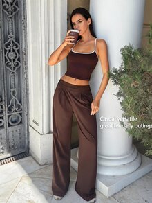 Fluxe Women Dark Brown Woven Wide Leg Pants Ribbed Waistband Button Cuff High Waist Loose Fit Gym Workout Training Running Athletic Sportswear - Coffee Brown - View 3