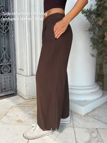 Fluxe Women Dark Brown Woven Wide Leg Pants Ribbed Waistband Button Cuff High Waist Loose Fit Gym Workout Training Running Athletic Sportswear - Coffee Brown - View 10