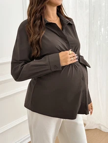 SHEIN Maternity Casual Solid Color Tie-Front Shirt, Autumn Fall - Brown - View 4