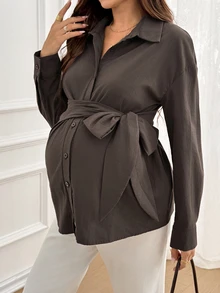 SHEIN Maternity Casual Solid Color Tie-Front Shirt, Autumn Fall - Brown - View 8
